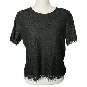 Ellison Size L Top Black Lace Overlay Blouse Short Sleeve Lined Whimsigoth Fairy